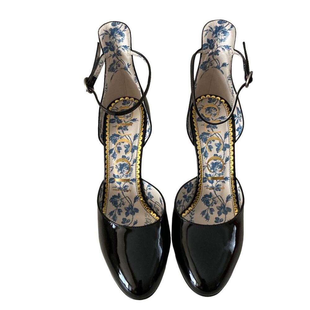 Gucci Daisy Black Patent Leather Ankle Strap Heels Size 39 - Picture 3 of 14